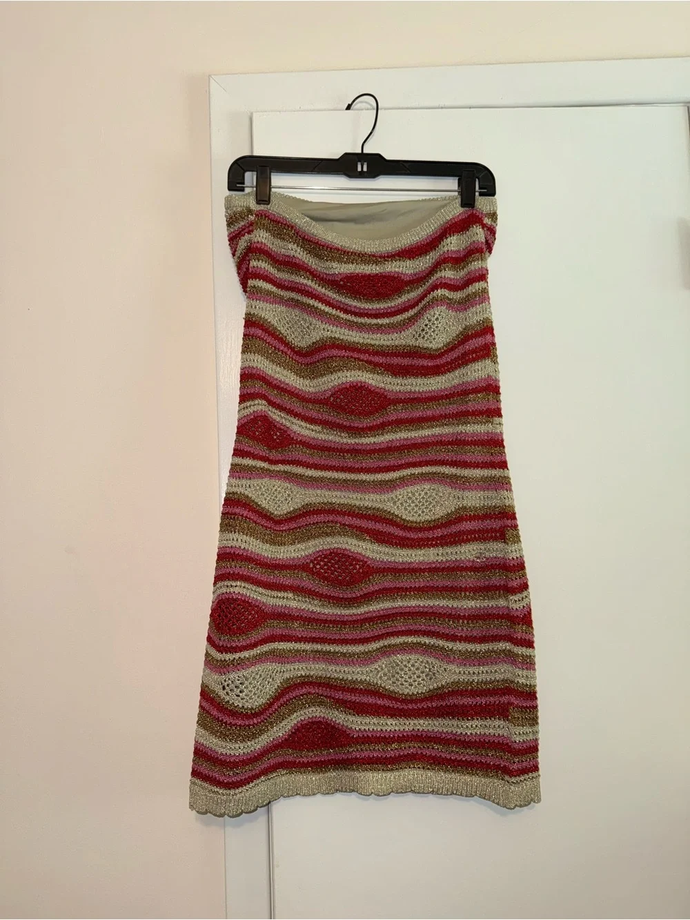 Striped Crochet Halter Tube Top in Beige, Pink & Red - Picture 6 of 8